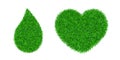 Green grass 3D set. Green grass heart love land, drop isolated white background. Ecology garden. Bio texture evergreen Royalty Free Stock Photo