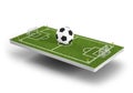 Green grass 3d soccer field and football ball background. Football stadium game 3d object area. Perspective view of