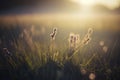 Green grass with dew drops macro. Summer meadow close-up. Morning sun and fog. Calm weather, golden hour. Scenic Royalty Free Stock Photo