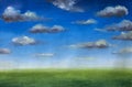 Green grass field, blue sky with clouds, oil painting, nobody, spring landscape, summer landscape, nature, skyline.