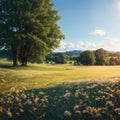 Green grass field and blue sky summer landscape background. Blurred bokeh wide backdrop made with Generative Royalty Free Stock Photo