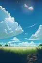 Green grass field and blue sky with white clouds background. 3d rendering Royalty Free Stock Photo