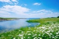 Green grass field, clean river and blue sky with clouds. AI Generated Royalty Free Stock Photo