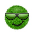 Green grass field 3D. Face wink smile with sunglasses. Smiley grassy emoticon icon isolated white background. Happy