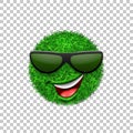 Green grass field 3D. Face wink smile with sunglasses. Smiley grassy emoticon icon isolated white transparent background