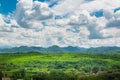 Green grass field meadow with wood and mountain under blue sky Royalty Free Stock Photo