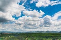 Green Grass Field Meadow with Wood and Mountain under Blue sky Royalty Free Stock Photo