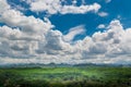 Green Grass Field Meadow with Wood and Mountain under Blue sky Royalty Free Stock Photo