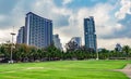 Green grass field, pedestrian road and coconut trees at the city park beside the sea Royalty Free Stock Photo