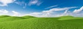 Green grass field on small hills with blue sky and clouds. 3D rendering Royalty Free Stock Photo