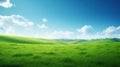 Green grass field on small hills and blue sky with clouds. Summer spring landscape background. Generative AI. Royalty Free Stock Photo