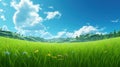 Green grass field on small hills and blue sky with clouds. Summer spring landscape background. Generative AI. Royalty Free Stock Photo