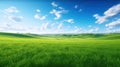 Green grass field on small hills and blue sky with clouds. Summer spring landscape background. Generative AI. Royalty Free Stock Photo