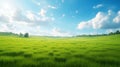 Green grass field on small hills and blue sky with clouds. Summer spring landscape background. Generative AI. Royalty Free Stock Photo