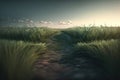 Green grass field summertime closeup blue sky with clouds horizon landscape. Natural spring grass field with road.