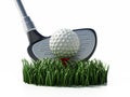 Green grass, golf club and ball isolated on white background. 3D illustration Royalty Free Stock Photo