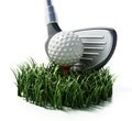 Green grass, golf club and ball isolated on white background. 3D illustration Royalty Free Stock Photo