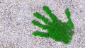Green grass handprint on gravel background
