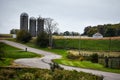 Green grass and harvest time fields along a curvy country road 3 silos Royalty Free Stock Photo