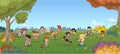 Green grass landscape with cute cartoon kids playing. Royalty Free Stock Photo