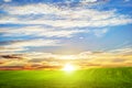 Green grass landscape at sunset. Romantic clouds Royalty Free Stock Photo