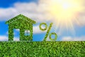 Green grass lawn, house and percent signa gainst blue sky background with clouds. Real estate, housing, debt and loan concept Royalty Free Stock Photo