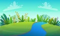 Green grass lawn river at park or forest trees and bushes flowers scenery background , nature lawn ecology peace vector illust Royalty Free Stock Photo