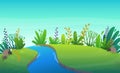 Green grass lawn river at park or forest trees and bushes flowers scenery background , nature lawn ecology peace vector illust Royalty Free Stock Photo