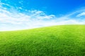 Green grass meadow field with white clouds and blue sky in summer seasonal. Royalty Free Stock Photo