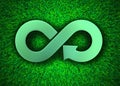 Green grass meadow metal arrow infinity recycling symbol, 3D ill Royalty Free Stock Photo