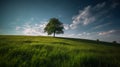 A green grass meadow with a single tree in the distance