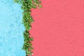 Details of a green grass on the pink and blue concrete floor. Royalty Free Stock Photo