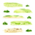 Green grass, sandy ground watercolor illustration set. Lush grass landscape grass element. Fresh herbs and natural