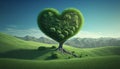 Green grass on slope with heart shape green tree under blue sky Royalty Free Stock Photo