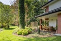 Green grass and trees next to garden furniture