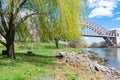 Trees and Plants during Spring along the East River on Randalls and Wards Islands of New York City with the Hell Gate Bridge in th Royalty Free Stock Photo