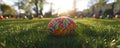 On green grass, vibrant Easter eggs are placed, with blooming flowers of spring encircling them Royalty Free Stock Photo