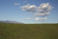 Green grass, white puffy clouds and Topa Topa Mountains