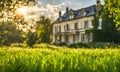 Green grass in a wide meadow, country house in the background, artistically blurred