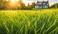 Green grass in a wide meadow, country house in the background, artistically blurred