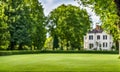 Green grass in a wide meadow, country house in the background, artistically blurred