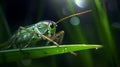 Sci-fi Grasshopper On Green Leaf: Hyper-realistic Artwork With Luminous Reflections