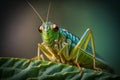 Green grasshopper sitting on tree in the garden. In-focus shot of a grasshopper