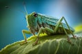 Green grasshopper sitting on tree in the garden. In-focus shot of a grasshopper perched on a green leaf. generative AI Royalty Free Stock Photo