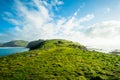 Green grassland with blue sky. The coast of New Zealand. Seal colony. I
