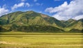 Green grassland, mountains, blue sky and white clouds