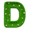 Green grassy letter D with flowers, 3D rendering