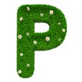 Green grassy letter P with flowers, 3D rendering