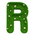 Green grassy letter R with flowers, 3D rendering