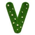 Green grassy letter V with flowers, 3D rendering